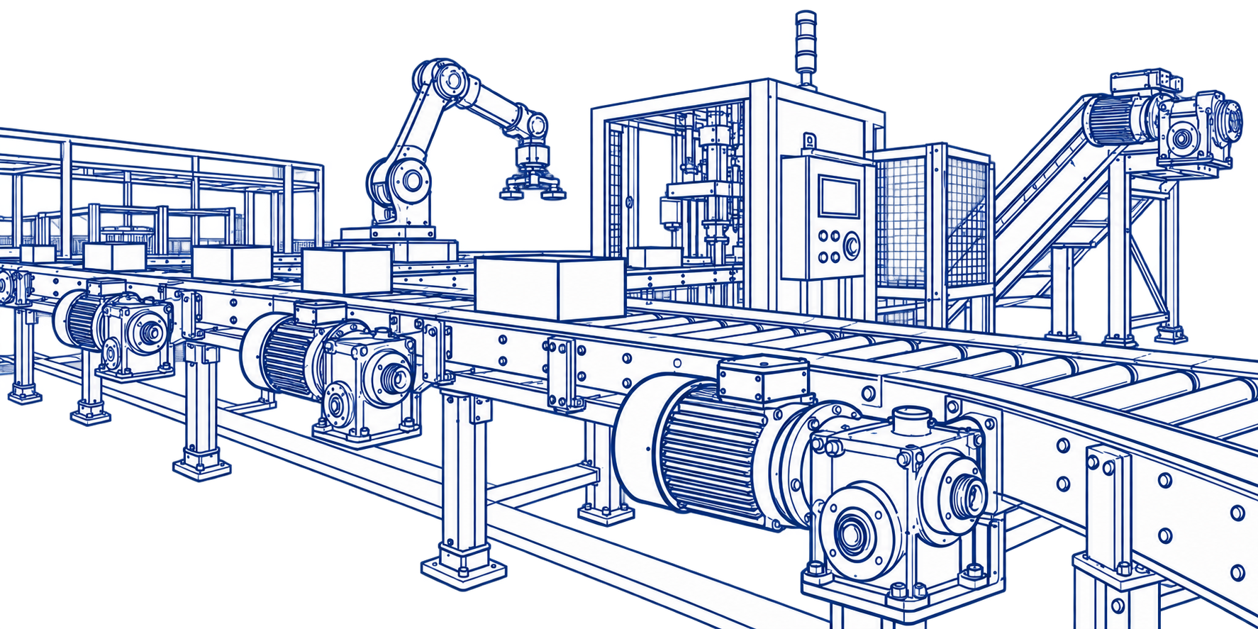 Industrial production line with electric motors and gear motors
